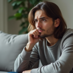 Realistic photo of an adult sitting quietly on a couch in a modern living room_mindshiftnest