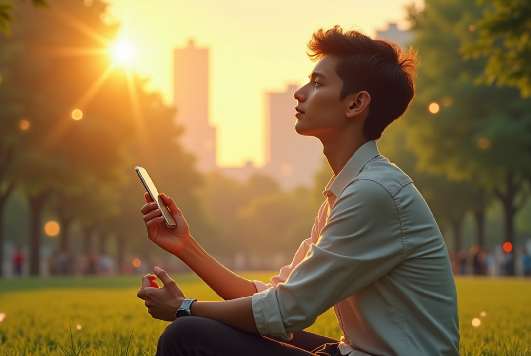 A person practicing mindfulness in a peaceful park while surrounded by a busy digital world.