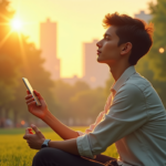 Mindfulness for Modern Life: How to Stay Calm in a Screen-Addicted World A person practicing mindfulness in a peaceful park while surrounded by a busy digital world.