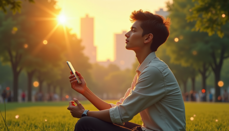 A person practicing mindfulness in a peaceful park while surrounded by a busy digital world.
