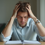Realistic photo of an adult sitting at a desk with slightly raised shoulders and a thoughtful but calm expression_mindshiftnest