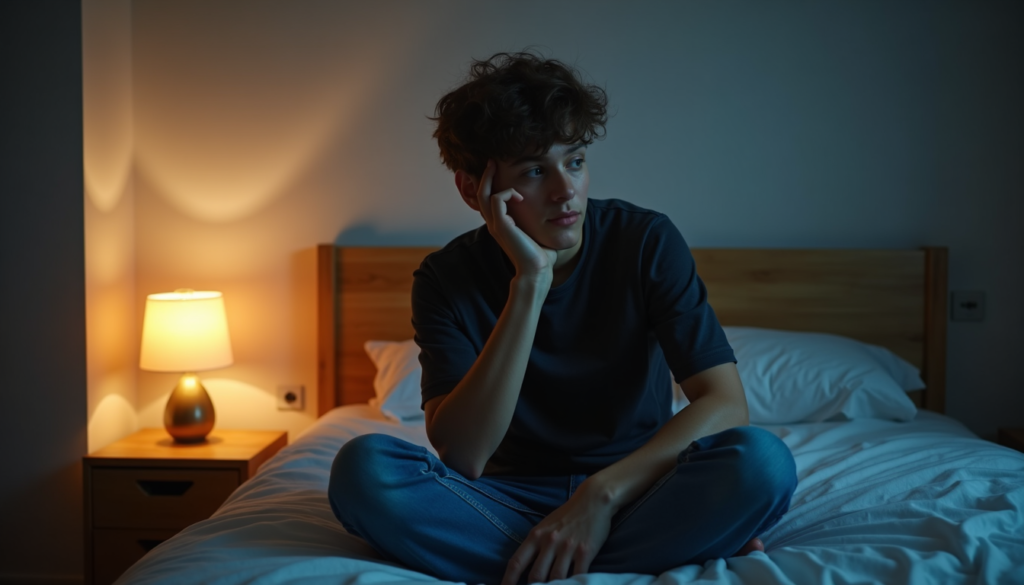 person sitting awake in bed thinking late at night