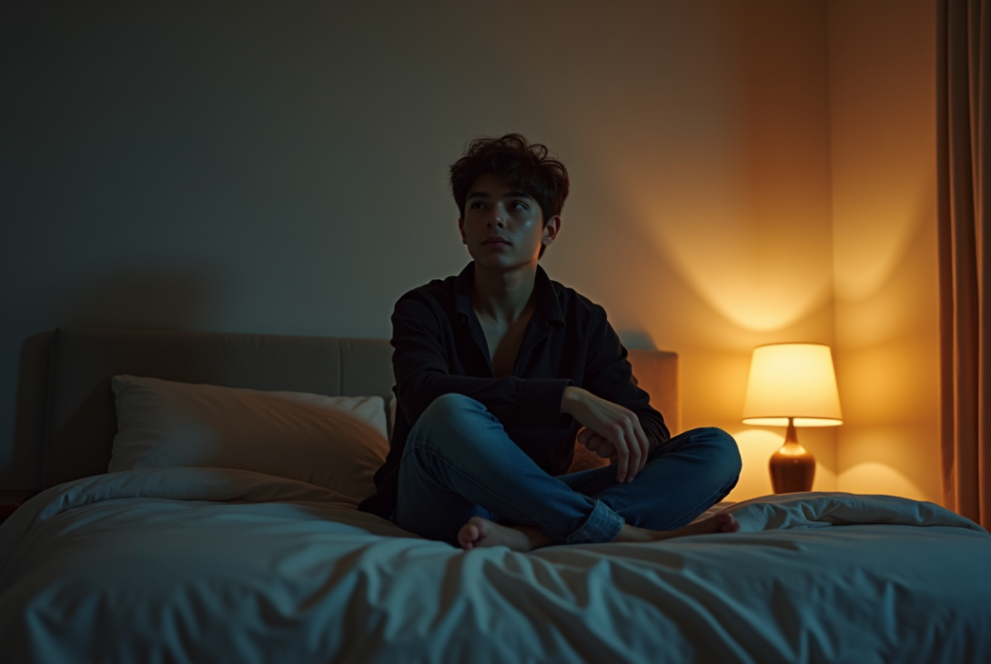 person lying awake at night with an overactive mind