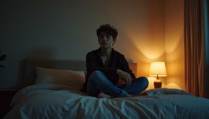 person lying awake at night with an overactive mind