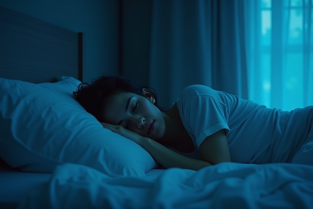 person overthinking and replaying thoughts before sleep