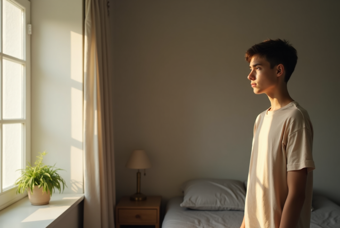 Person struggling with self-doubt while looking into a mirror.