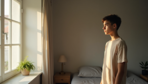 Person struggling with self-doubt while looking into a mirror.